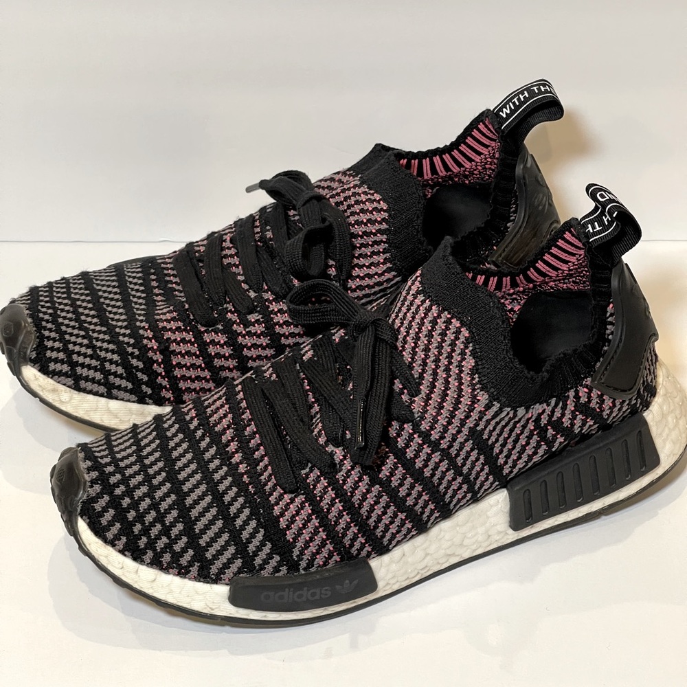 adidas men’s Prime Knit Black/Pink/Gray “The Brand” w/the Three Stripes Shoes